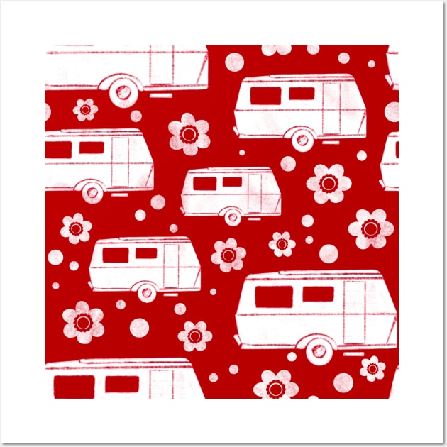 Vintage Caravan block print in red and white Wall Art by NattyDesigns
